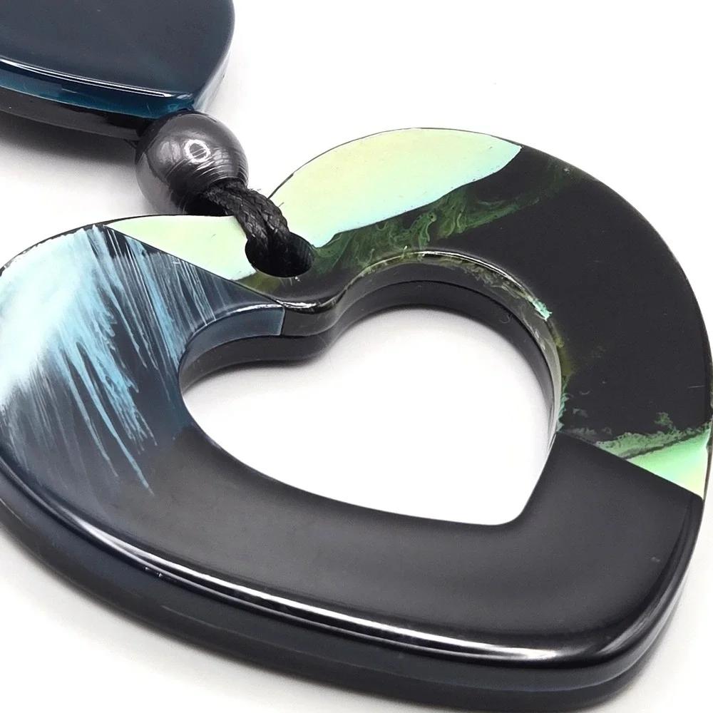 Large Resin Double Heart Pendant Necklace Black Blue Green‎ Adjustable Cord